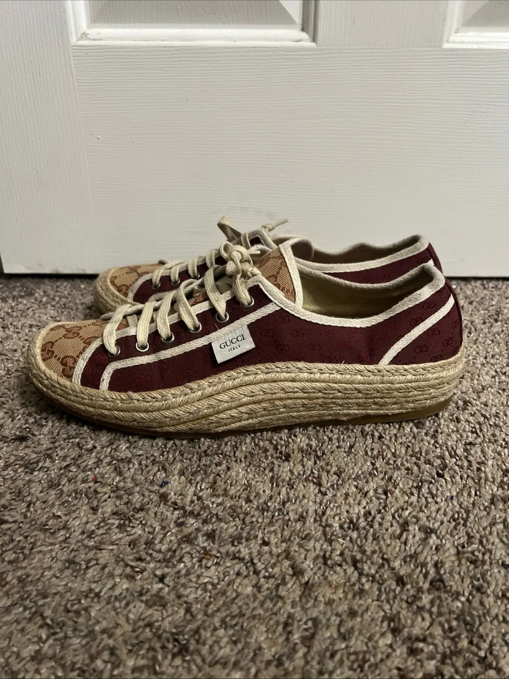 Gucci Burgundy & Beige Canvas Espadrille Sneakers